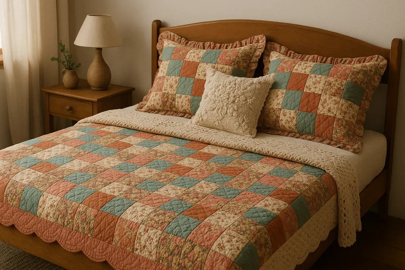 Cozy bedroom with a wooden bed frame, featuring a colorful patchwork quilt and matching pillows in soft earth tones, styled with rustic decor accents