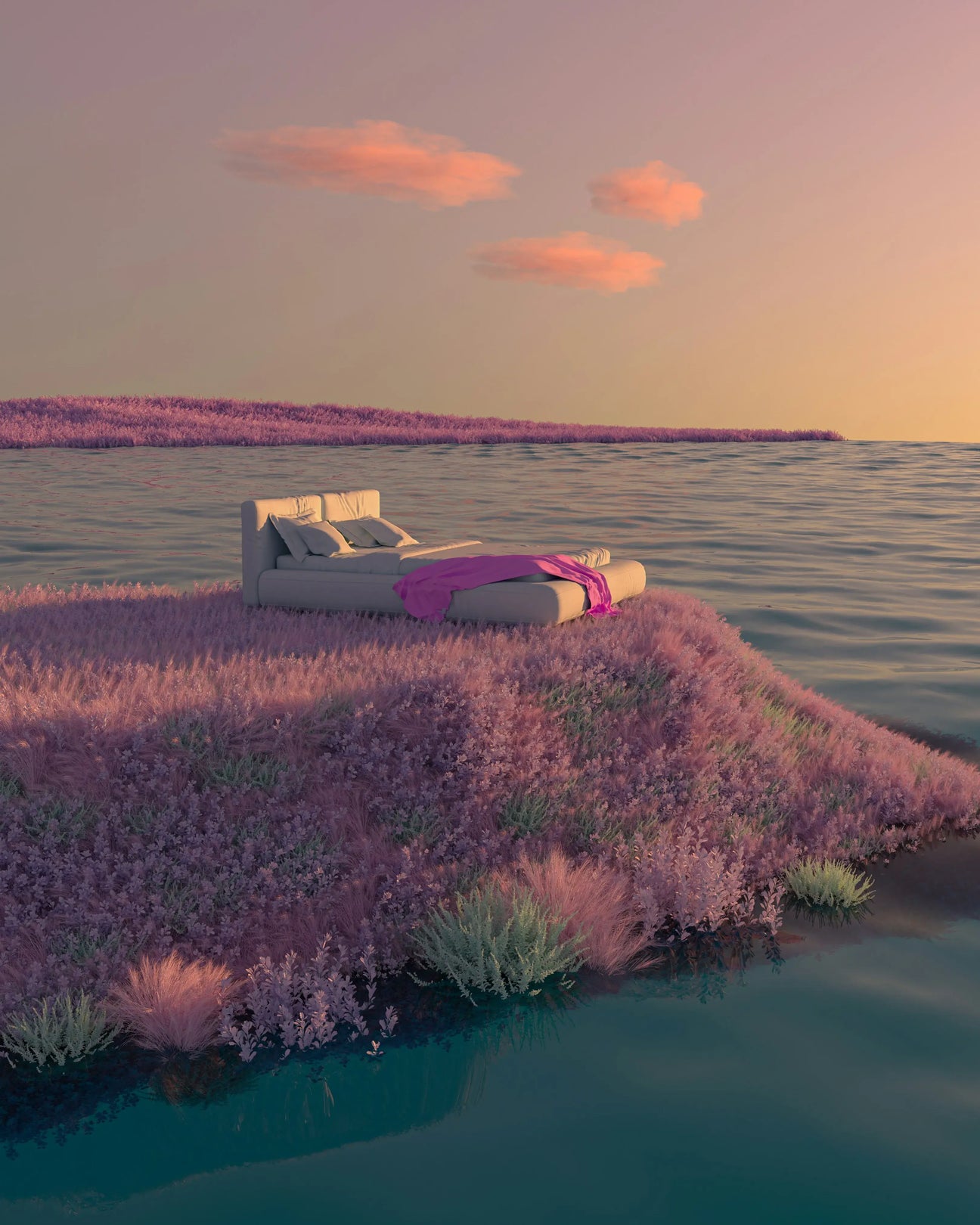 Cozy bedding set placed outdoors on a dreamy lavender island at sunset with pink clouds above.