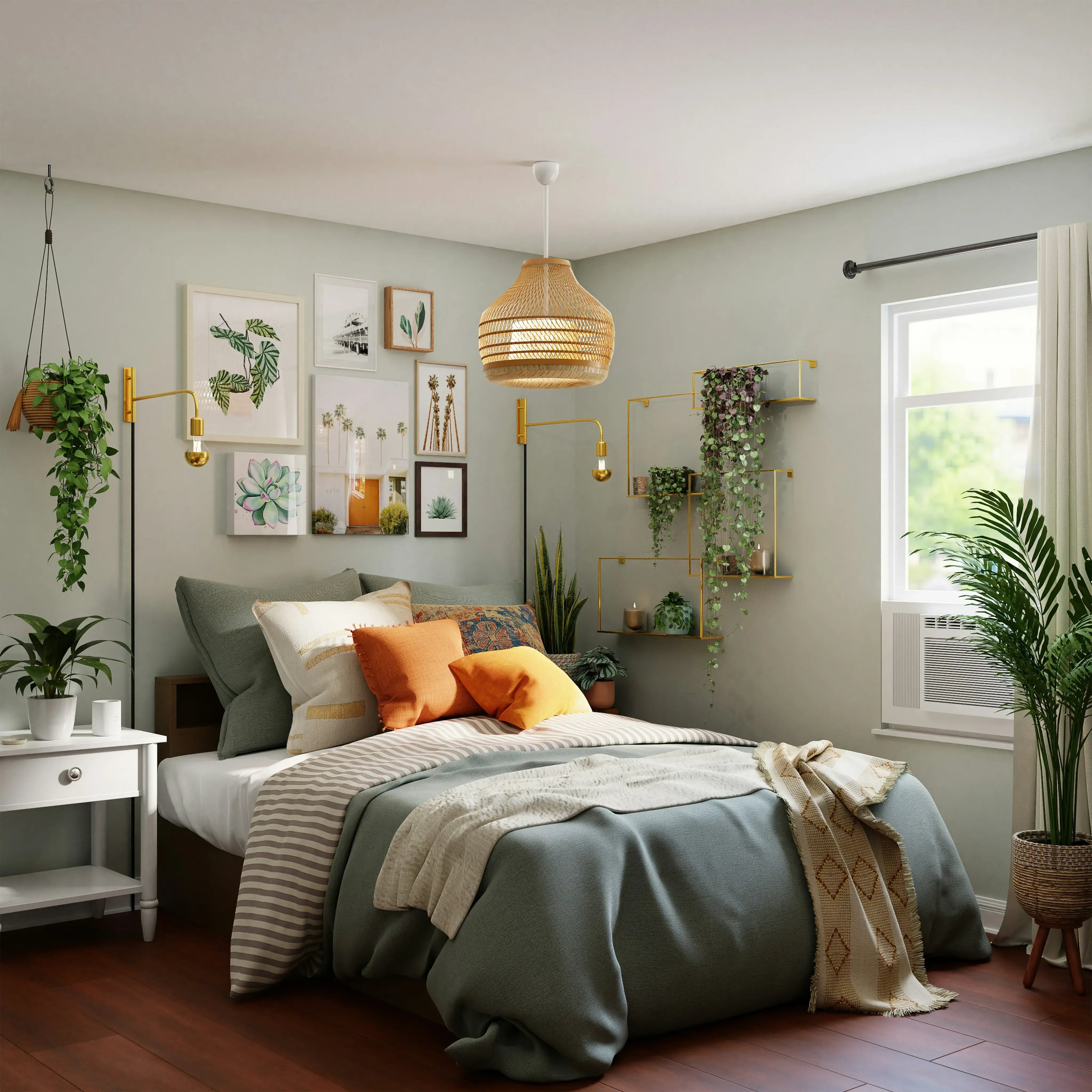 Modern cozy bedroom with custom bedding, layered pillows, green accents, and wall art for a warm, inviting space.