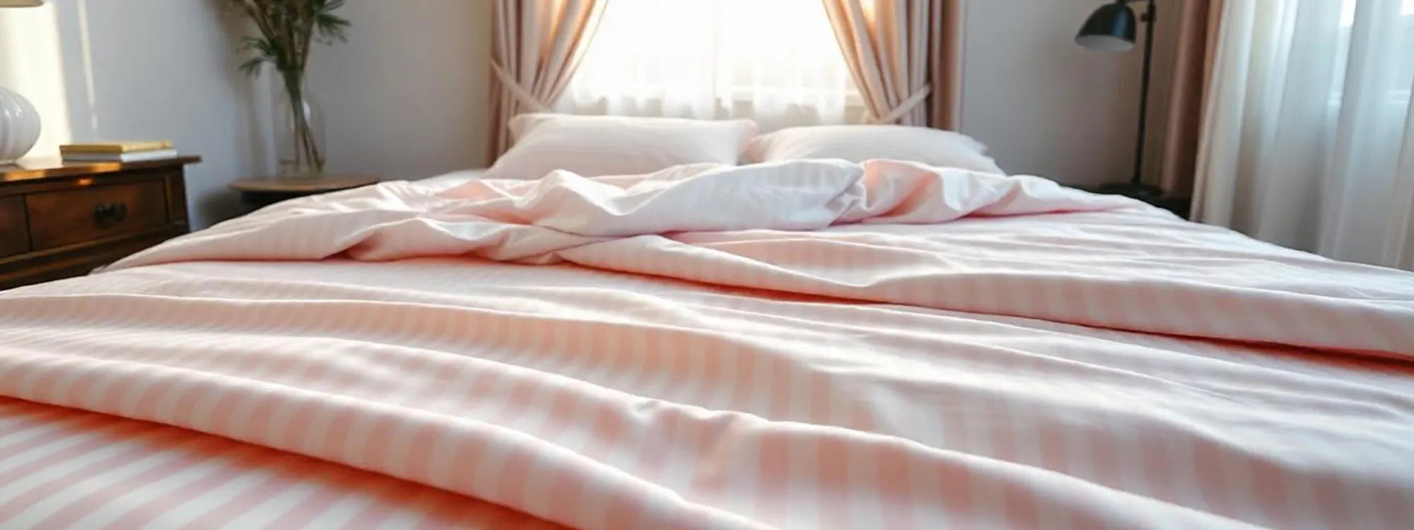 Soft pink striped bedding from Supreme Rest adds a custom-made touch of warmth and elegance to a sunlit, serene bedroom