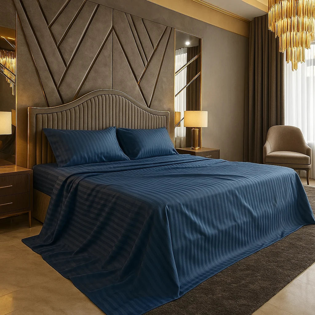 Supreme Rest navy sateen bedding styled in a bold, art-deco suite—featuring a sculpted velvet headboard, golden lighting, and rich textures that evoke pure nighttime elegance