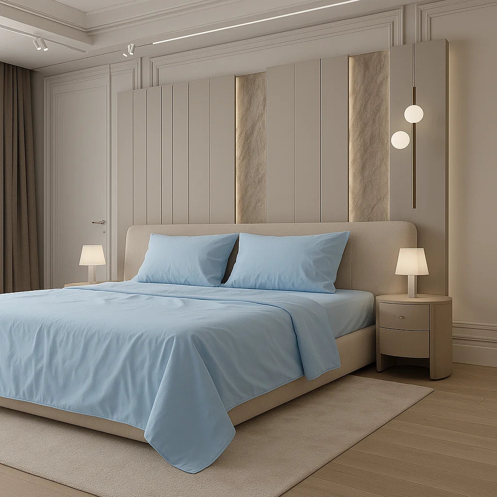 Contemporary sanctuary featuring a minimalist cream bed adorned with serene sky-blue bedding, flanked by sculptural lighting and fluted paneling with soft golden accents — the essence of quiet luxury