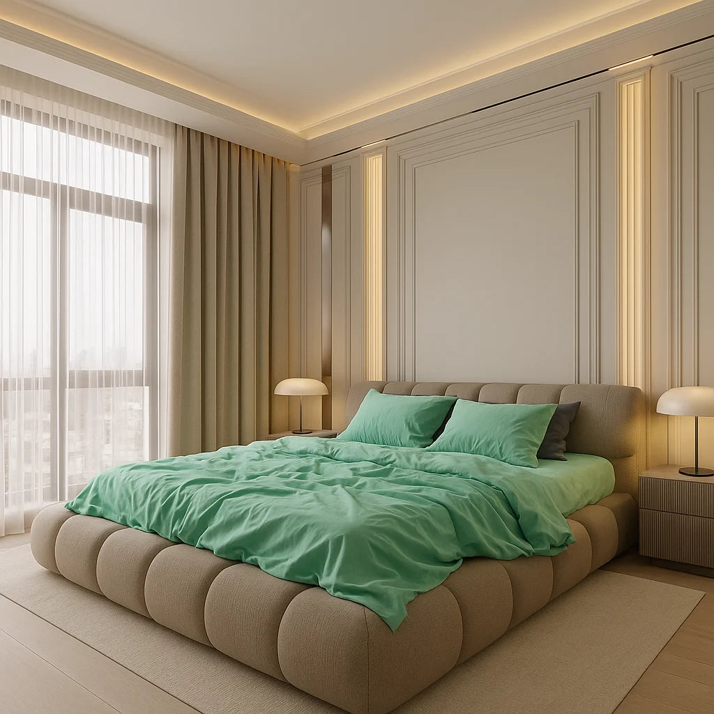 Custom-designed eco bedroom featuring a handcrafted tufted bed frame and premium green organic bedding in a softly lit minimalist interior