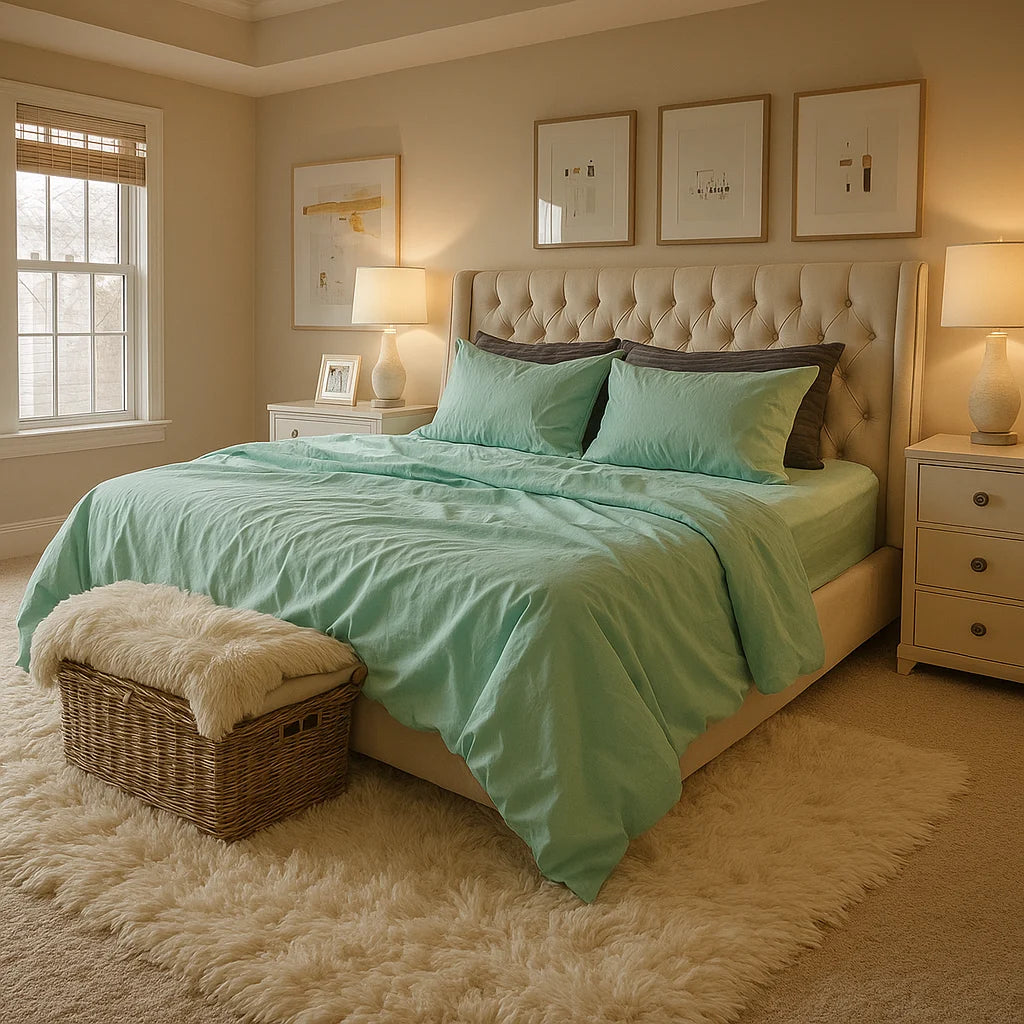 Invitingly plush Supreme Rest bed dressed in refreshing aqua sheets, set in a sunlit, serene bedroom with soft textures and calm, cozy charm.