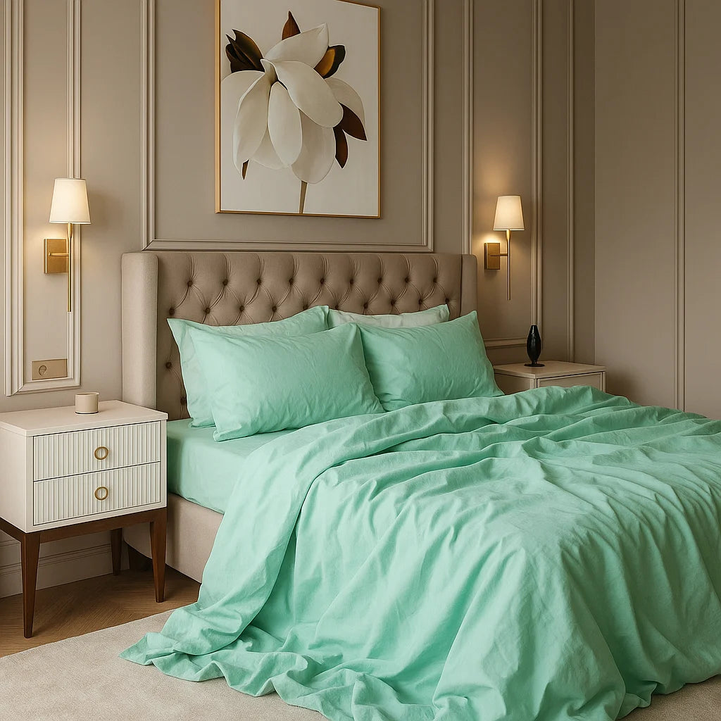 Elegant bedroom scene featuring Supreme Rest's mint-green bedding, effortlessly draped over a tufted bed for a look that’s crisp, calming, and quietly luxurious