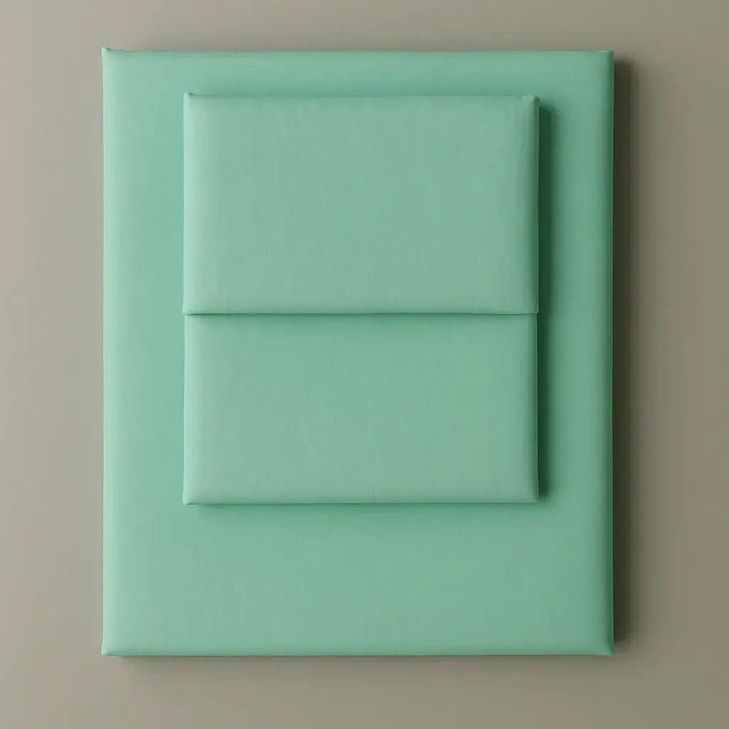 Supreme Rest Glacial Waters folded sheet and pillowcase set – eco-friendly custom bedding in soft aqua for modern, sustainable sleep comfort.