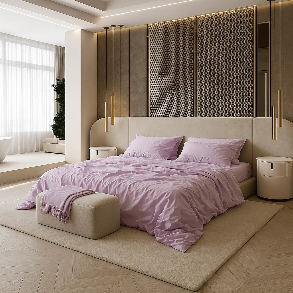 Eco-friendly luxury bedroom with custom handcrafted bed and premium organic lavender bedding set in a minimalist interior