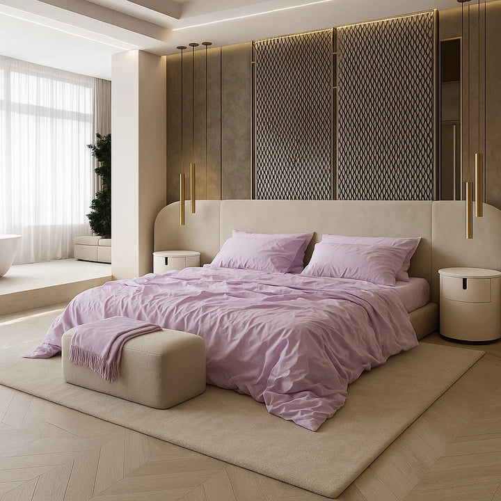 Eco-friendly luxury bedroom with custom handcrafted bed and premium organic lavender bedding set in a minimalist interior