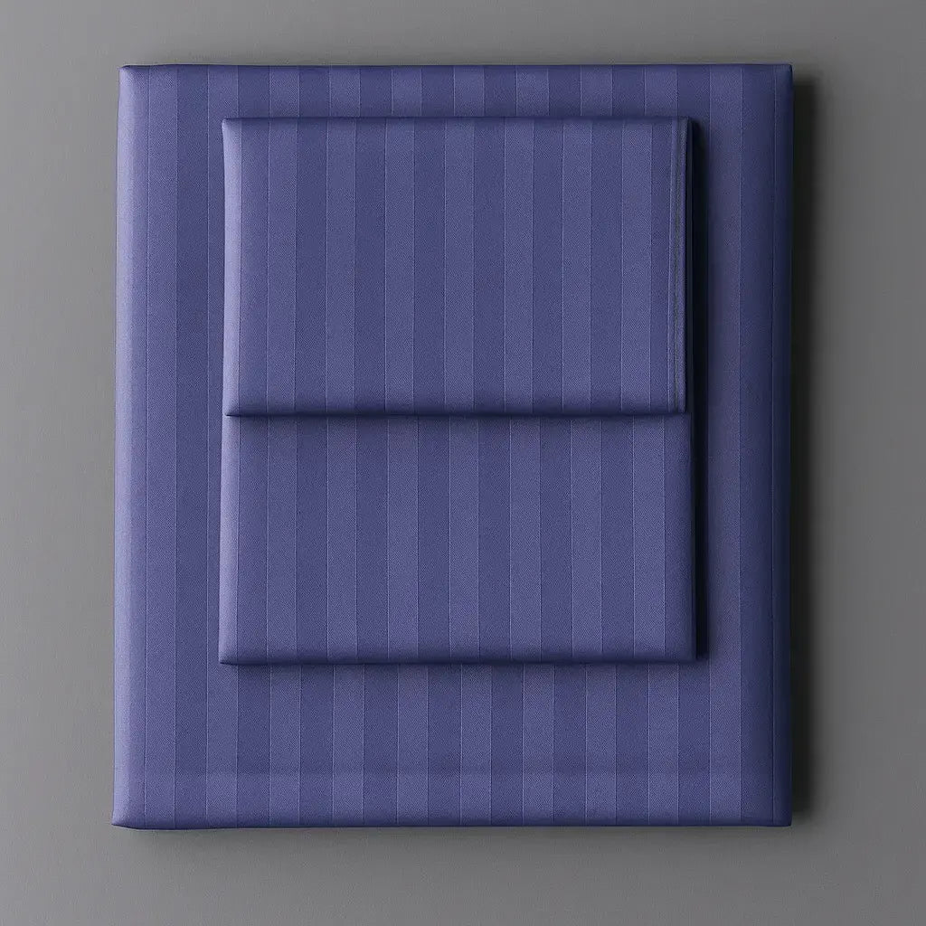 Supreme Rest Patagonian Lupine folded striped bedding set – eco-friendly custom sheets and pillowcases for elegant, restful sleep.