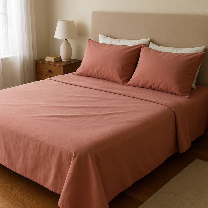 Minimalist bedroom featuring a muted terracotta cotton bedding set from Supreme Rest—styled with crisp lines, soft lighting, and warm earthy tones for a serene, natural sleep sanctuary