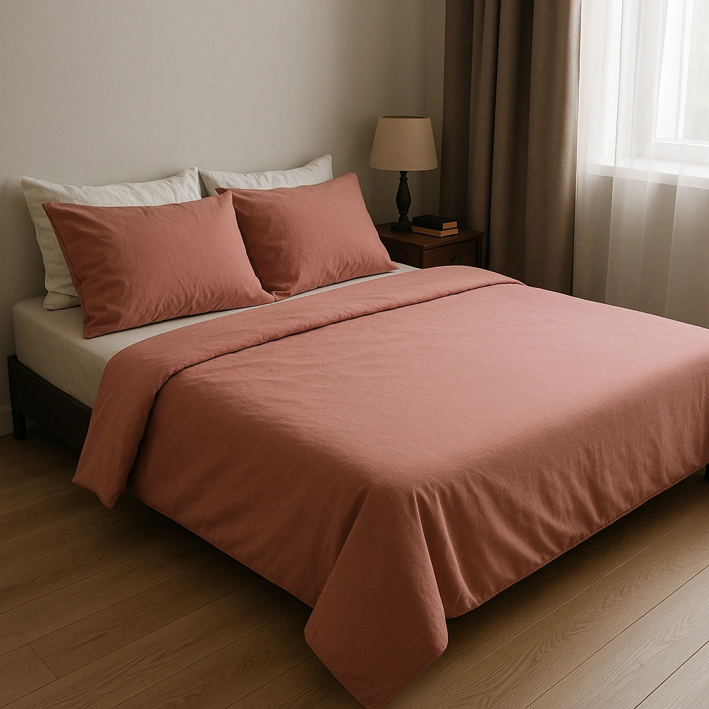 Neatly made bed with muted terracotta sheets and pillows, complemented by beige drapes and natural light—Supreme Rest’s modern minimal cotton bedding designed for everyday elegance