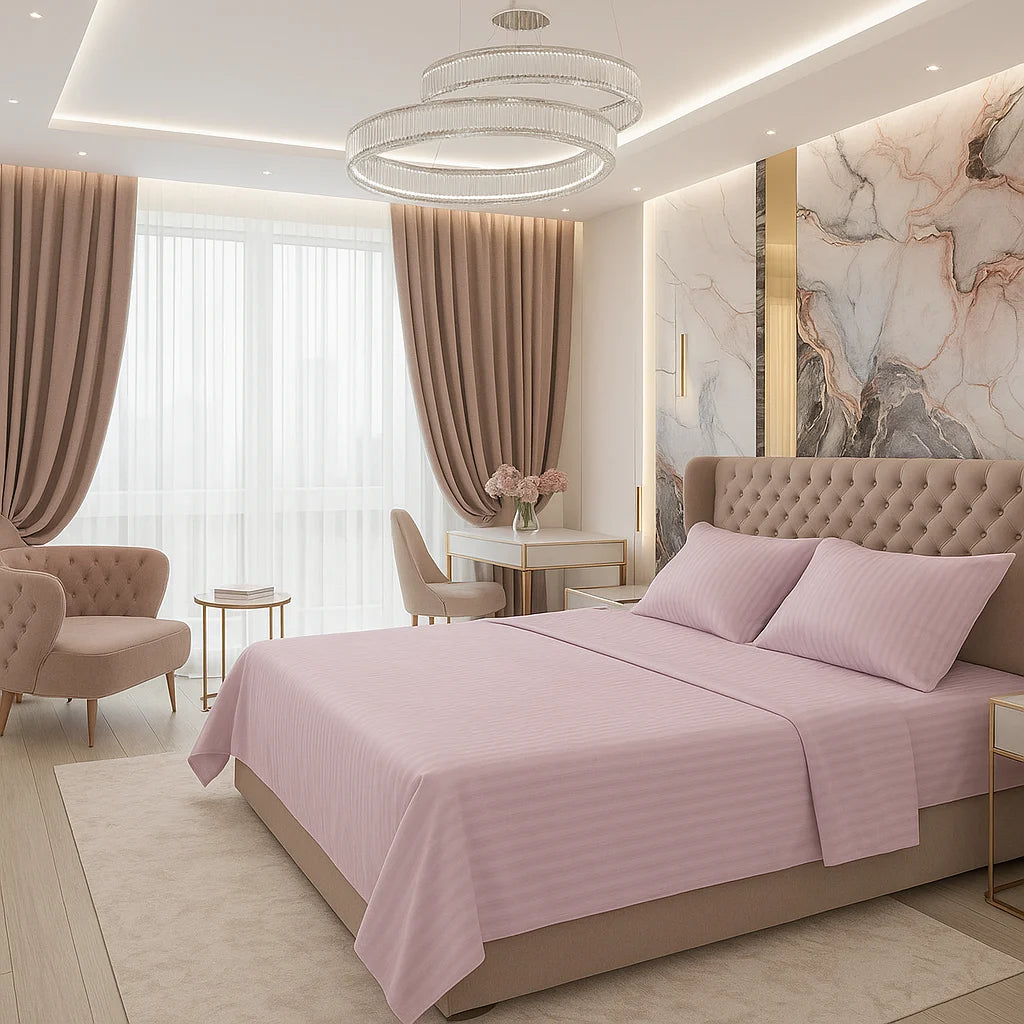 Soft pink striped bedding with matching pillows on a tufted beige bed frame, styled with marble wall art, elegant chandeliers, and taupe curtains in a modern sunlit bedroom