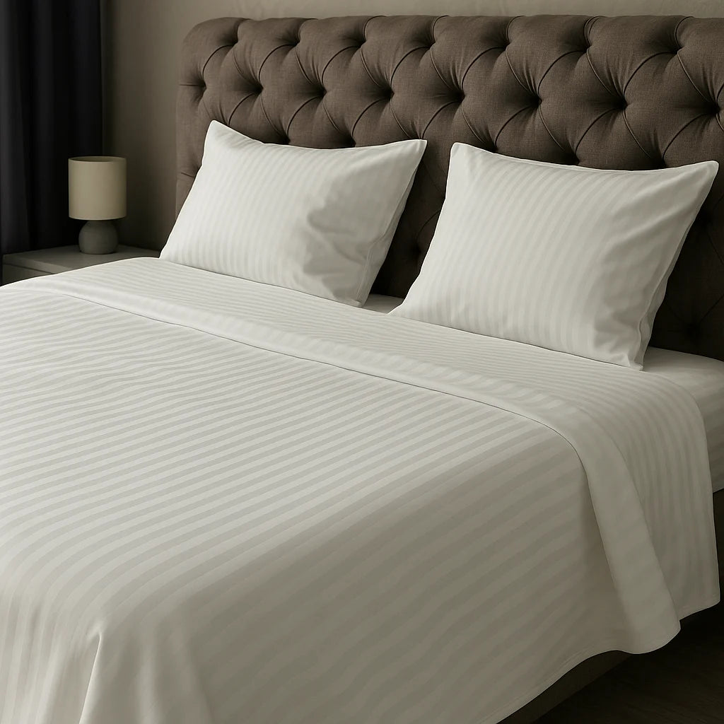 Pure Bliss luxury white bedding with tonal sateen stripes, custom hand-crafted and styled on a tufted headboard bed in a softly lit, elegant bedroom