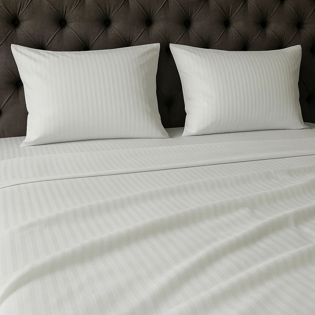 Close-up of Pure Bliss white cotton sateen bedding with subtle tone-on-tone stripes and plush pillows against a tufted headboard