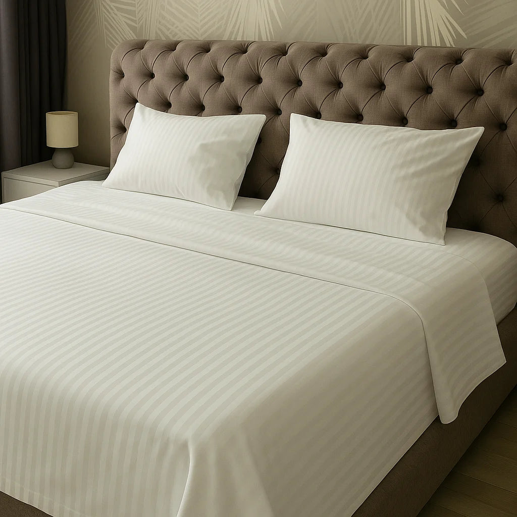 Pure bliss bedding experience with crisp white striped sheets and pillowcases on a king-sized bed, featuring a tufted headboard in a serene, softly lit bedroom