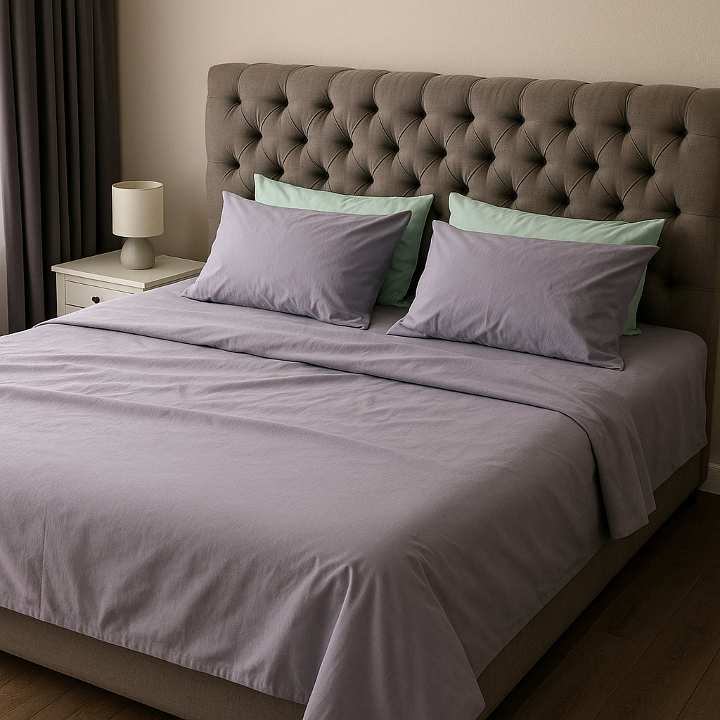 Elegant bedroom setup featuring lavender cotton bedding and mint green pillows, styled with a classic upholstered bed frame—crafted for calm, everyday luxury by Supreme Rest
