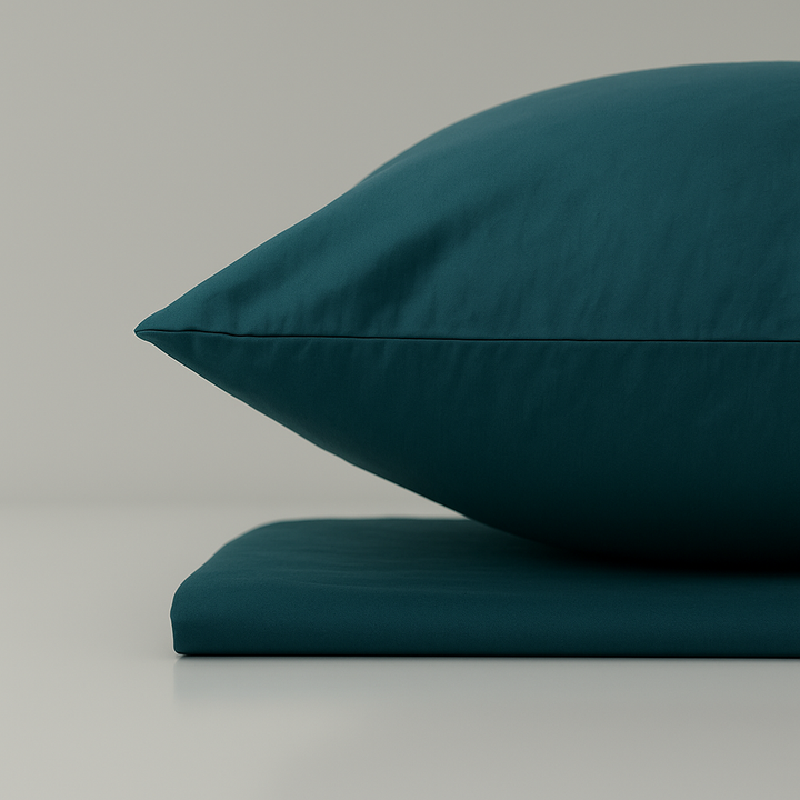 Supreme Rest eco-friendly custom-made bedding set with deep teal pillow and sheet – luxurious, sustainable sleep essentials.