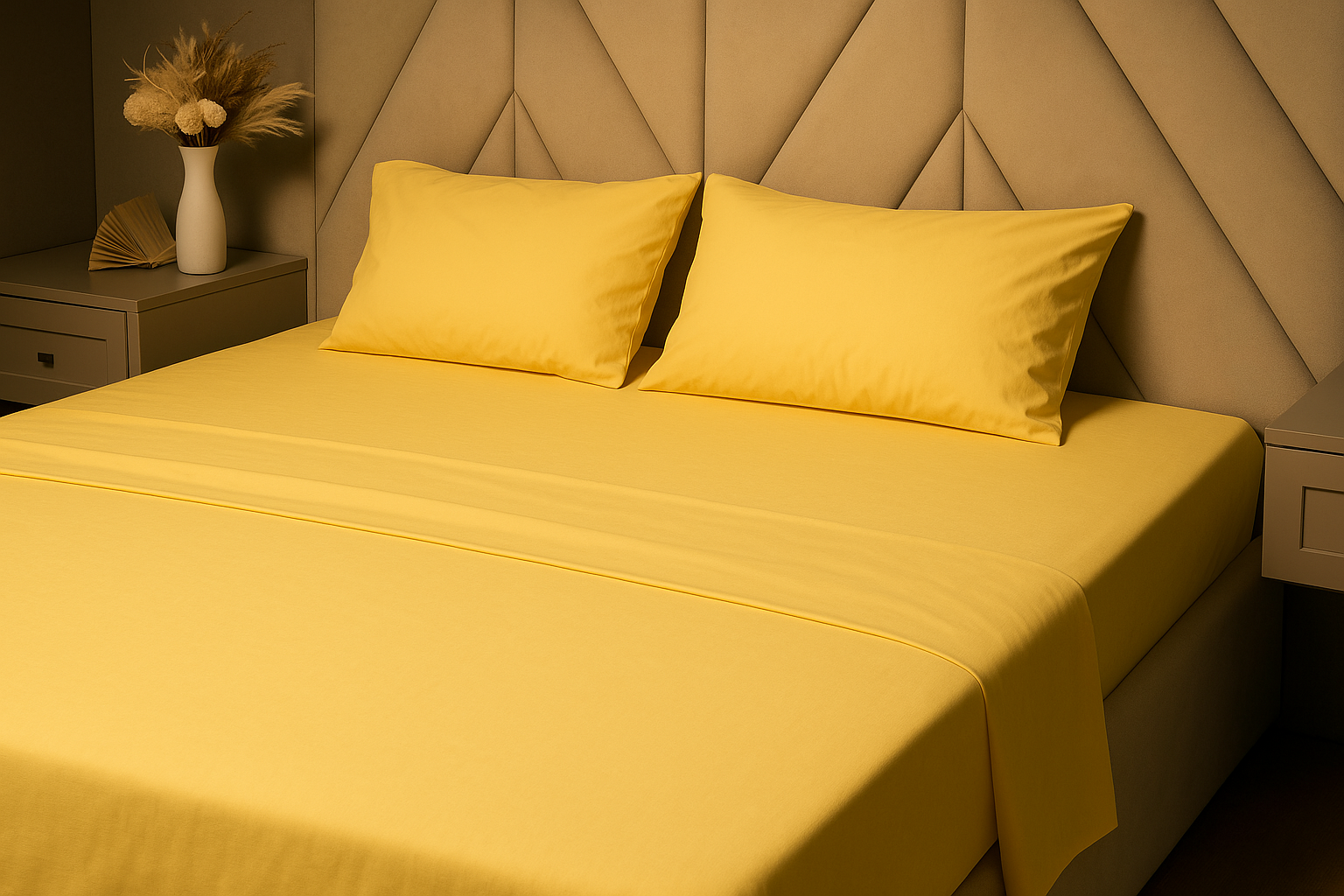 Custom-crafted yellow bed sheet set in a contemporary bedroom—made from breathable, hypoallergenic, and eco‑friendly materials for a clean, handcrafted sleep experience