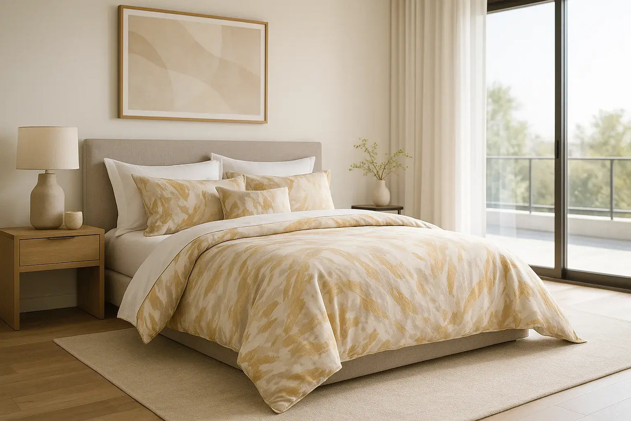 Bright, modern bedroom with a beige upholstered bed, featuring a cream and golden patterned bedding set, large windows, and minimalist decor.
