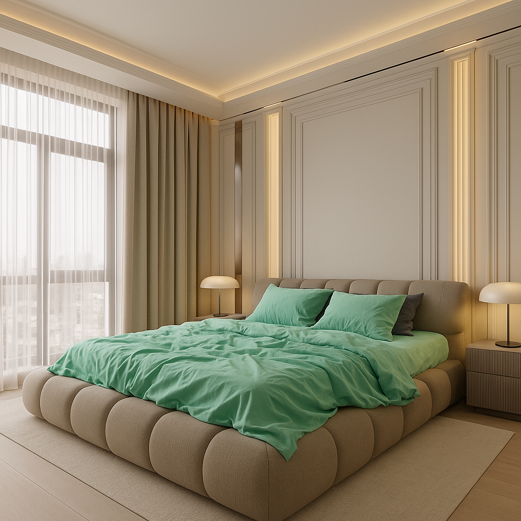 Modern bedroom with a beige upholstered bed, mint green Classic Comfort Sheet Set, large window with curtains, and warm ambient lighting.
