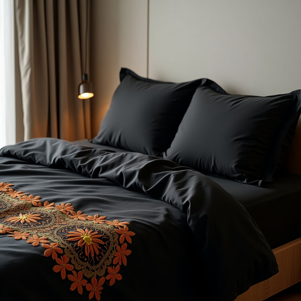 Black bedspread with Ukrainian floral embroidery on a bed in a bedroom setting.