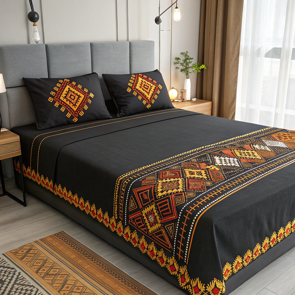 Luxurious black Supreme Rest bedspread with elegant Ukrainian folk embroidery. Perfect contrast and style in a bedroom setting.