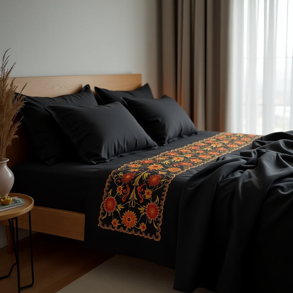 Modern bedroom with a black bedspread and white Ukrainian embroidery. Supreme Rest unique bedding design.