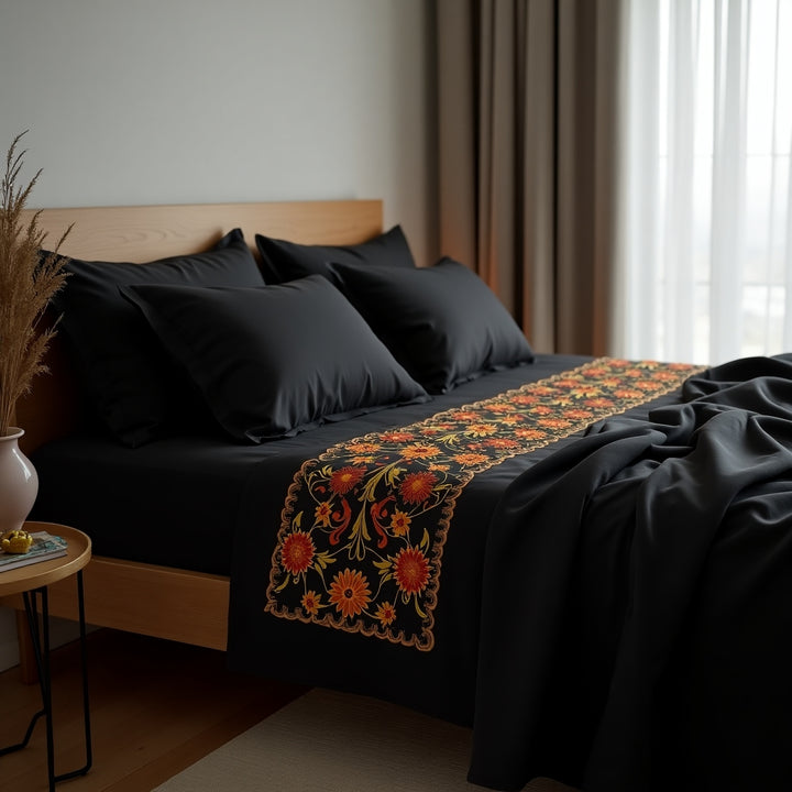 Modern bedroom with a black bedspread and white Ukrainian embroidery. Supreme Rest unique bedding design.