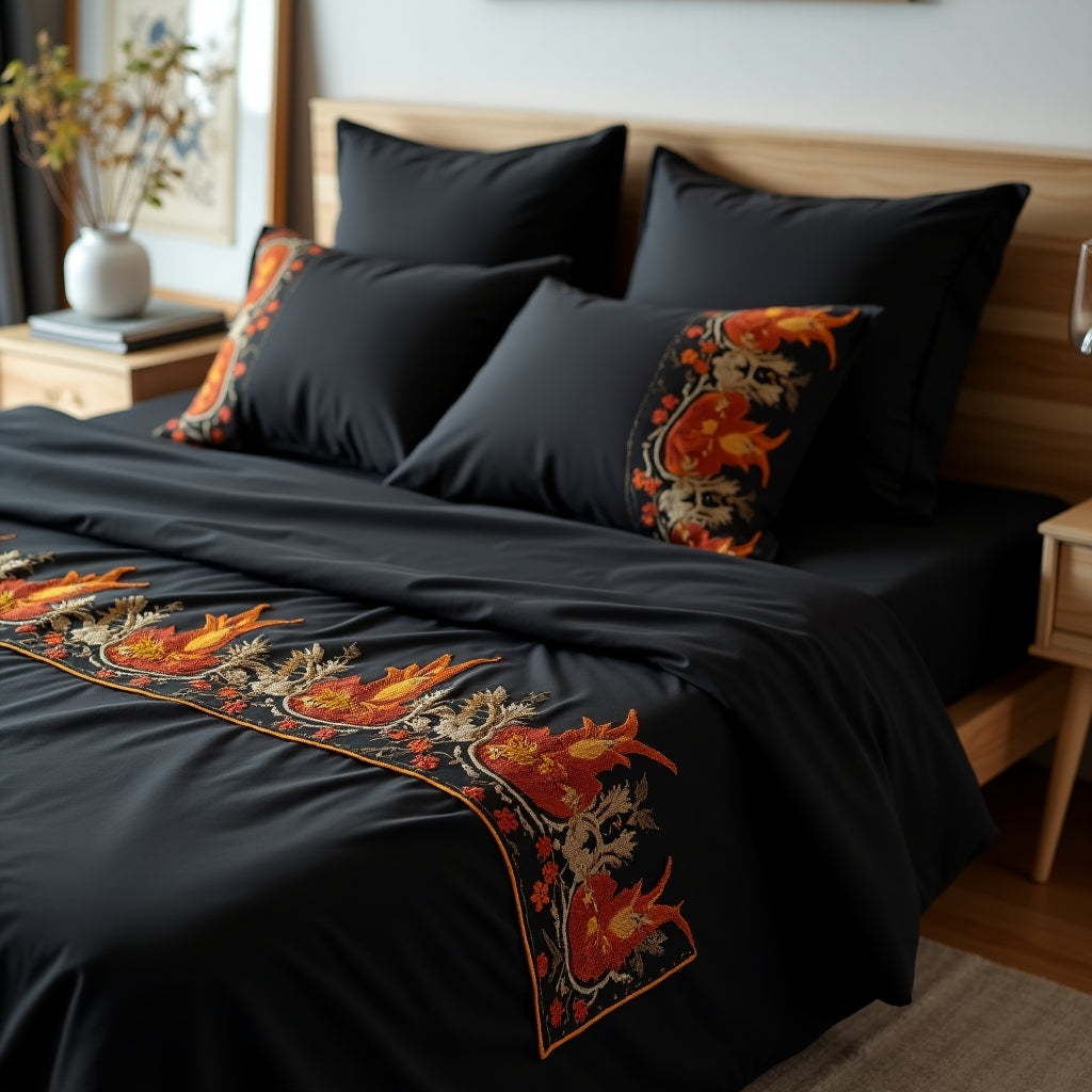 Supreme Rest's black Ukrainian embroidered bedding set styled elegantly on a bed in a modern bedroom setting.