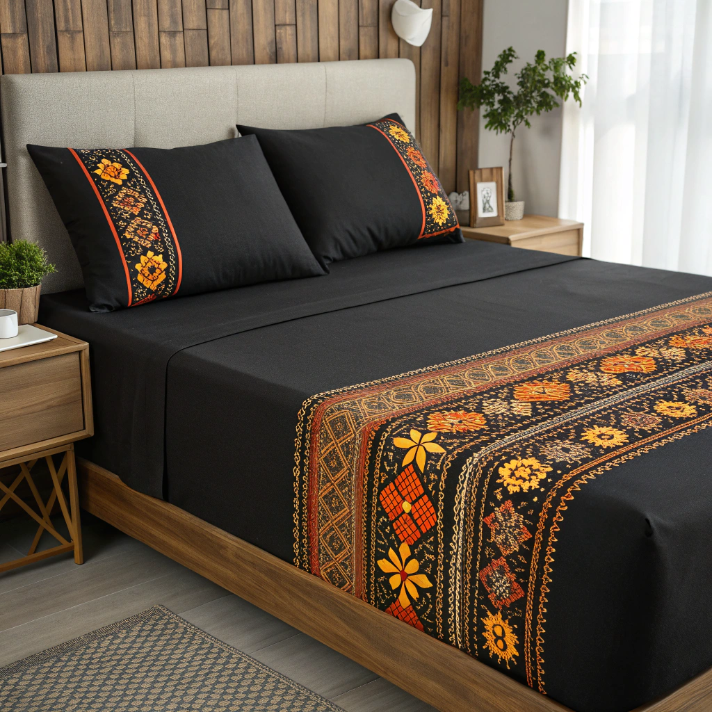 Black bedspread by Supreme Rest featuring detailed Ukrainian decorative embroidery - a striking, modern cultural statement.
