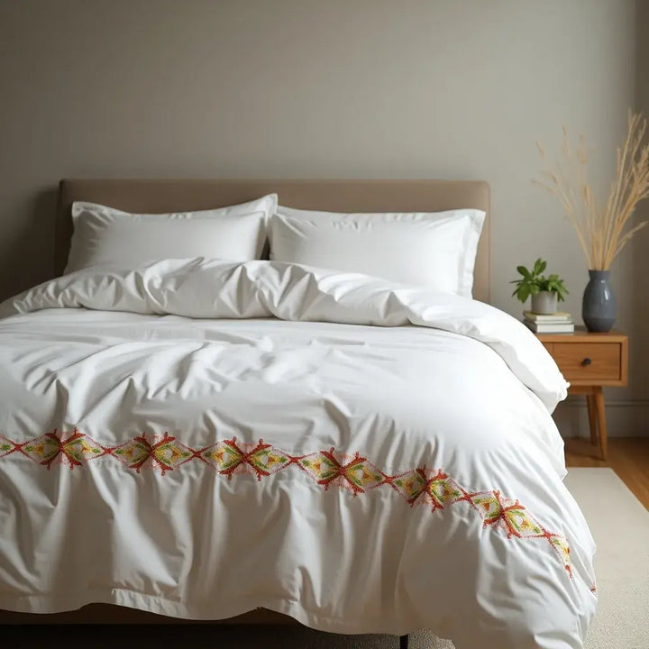 Central Ukrainian embroidery (Vinnytsia/Kyiv) on Supreme Rest sheets adds a meaningful, heritage accent to the bedroom.