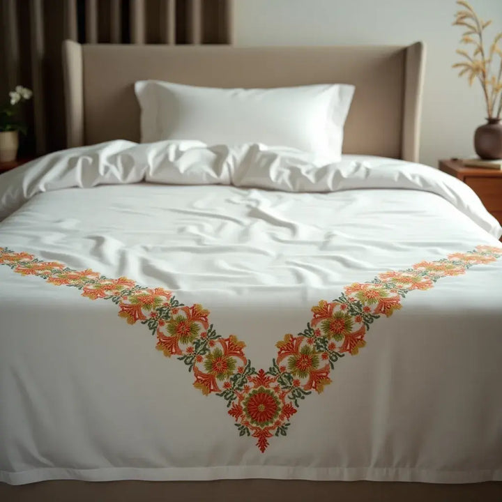 Bedding featuring the artistic embroidery traditions of Central Ukraine (Kyiv/Vinnytsia) by Supreme Rest.
