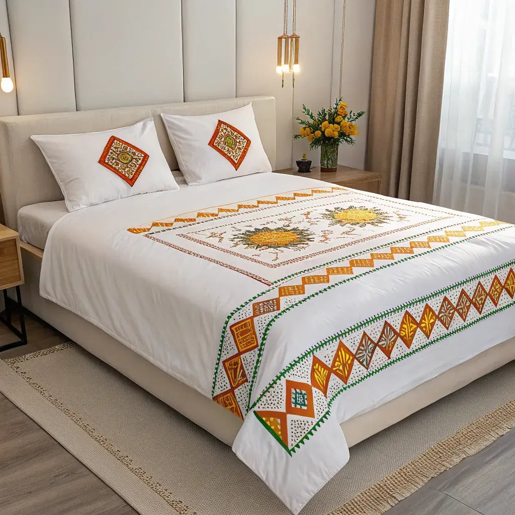 Authentic Ukrainian embroidery on Supreme Rest textiles, specifically representing the Vinnytsia and Kyiv regions.