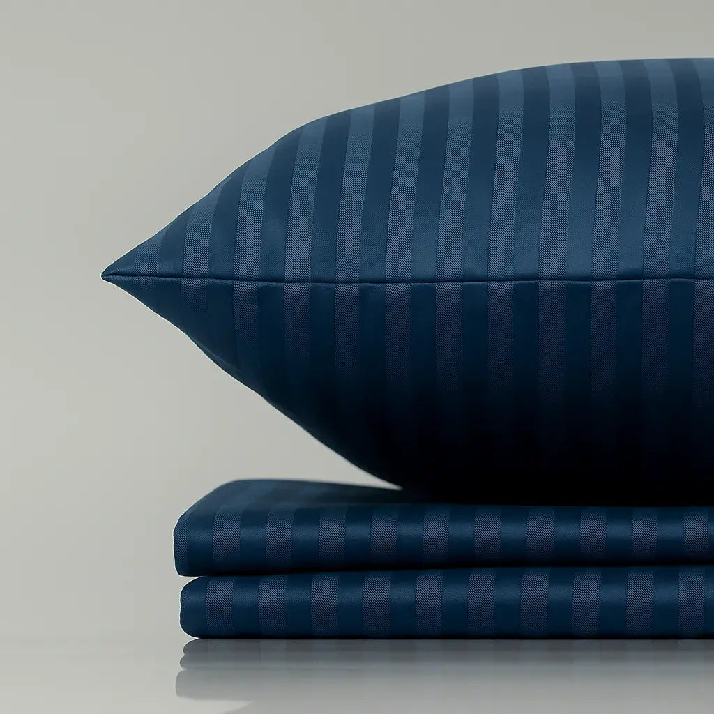 Supreme Rest Dream Horizon striped pillow and sheet set – eco-friendly custom bedding crafted for luxurious, peaceful sleep comfort.
