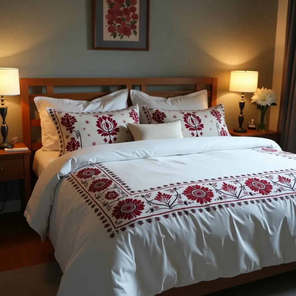 White cotton bedding with red and black Ukrainian embroidery inspired by steppe florals and geometric roots.