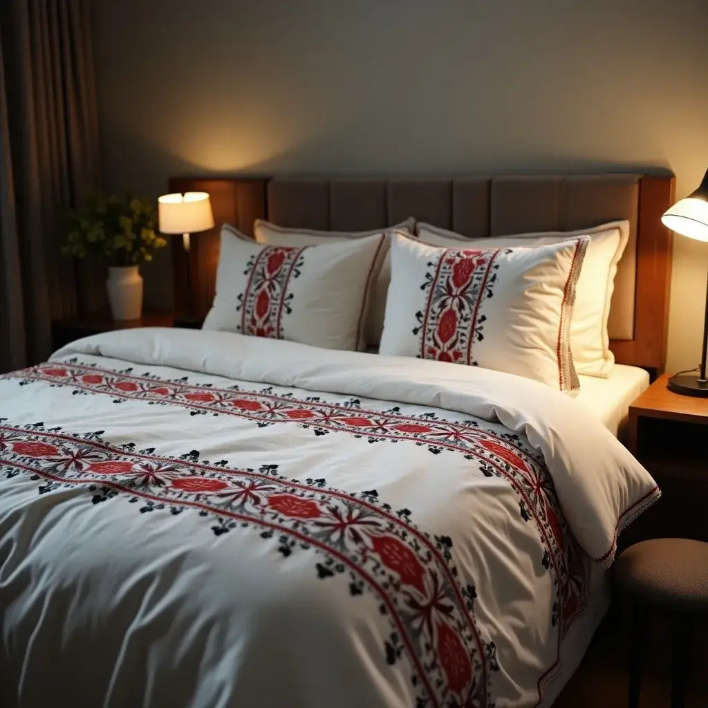 White embroidered bedding with rhythmic red floral patterns and black accents inspired by Ukrainian folk art.