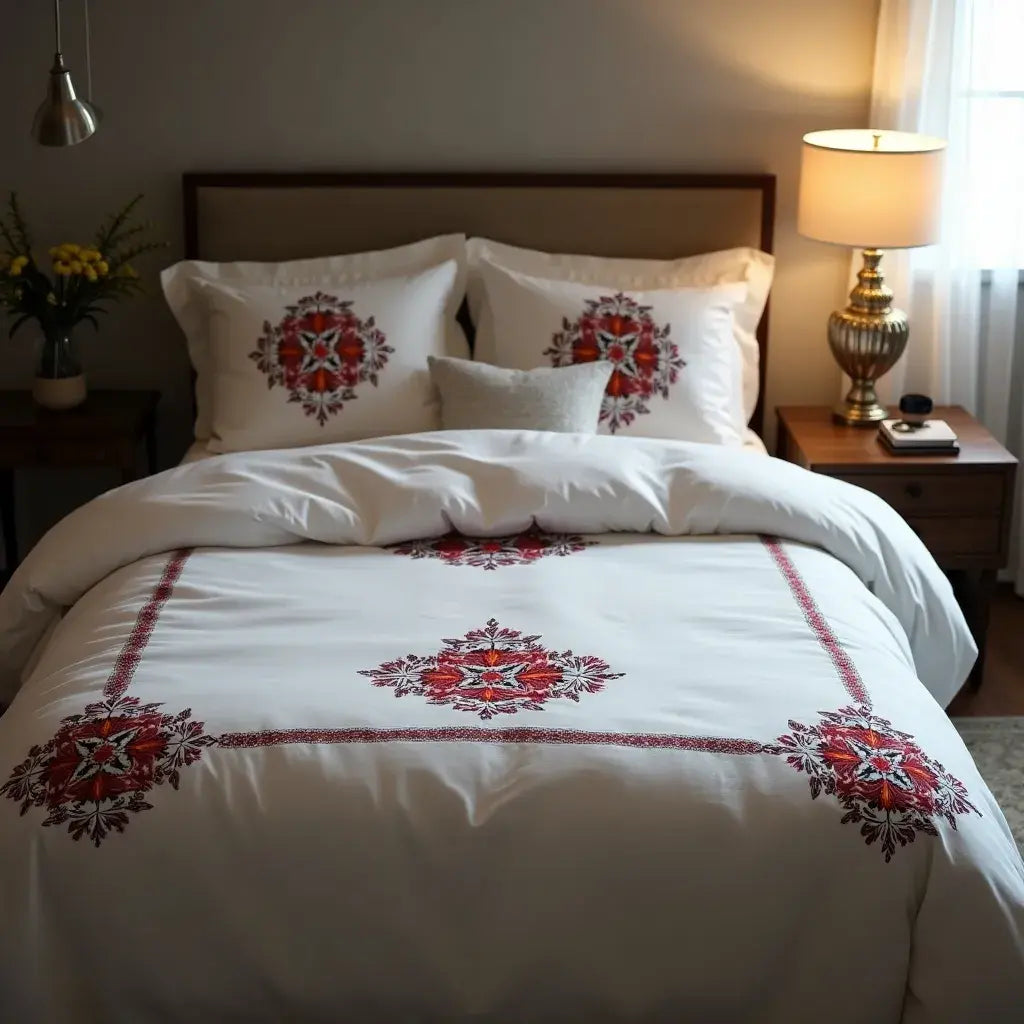 Embroidered white bedding with rich red and black motifs reflecting Ukrainian heritage and family traditions