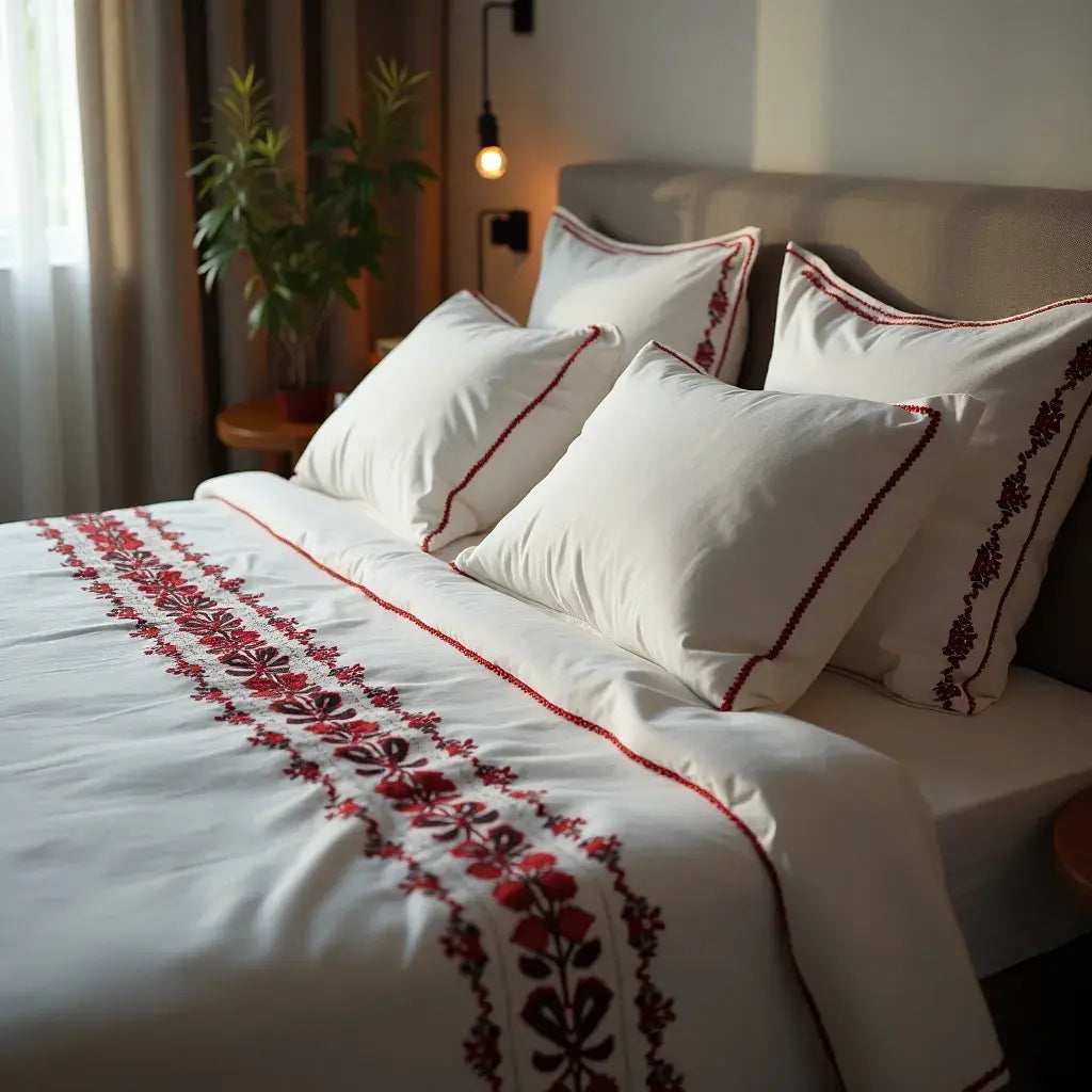Modern white duvet set with bold red embroidery framed by black details, symbolizing strength and resilience.