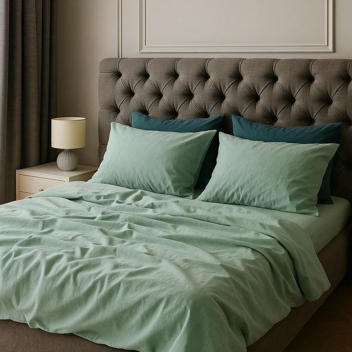 Handcrafted sage green bedding by Supreme Rest, styled with deep teal pillow accents on a tufted headboard bed in a serene, modern bedroom