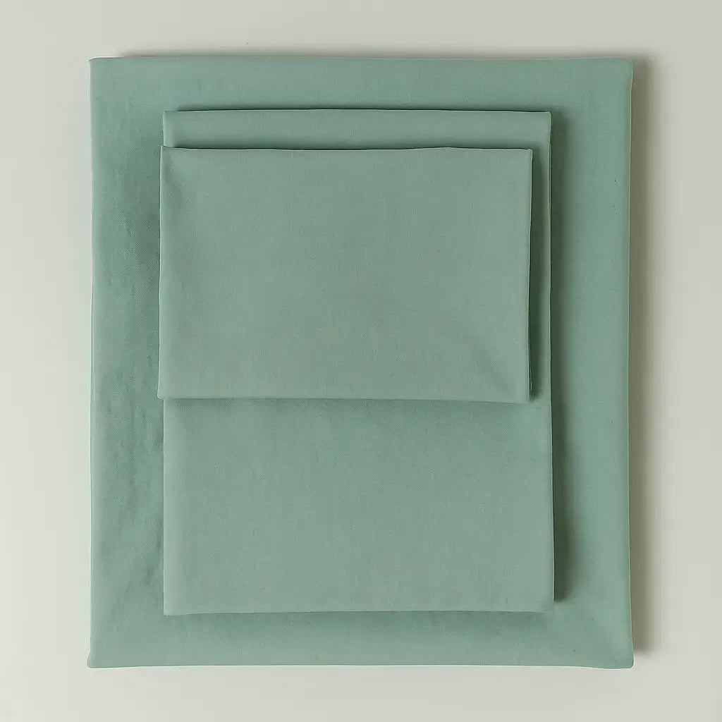 Supreme Rest eco-friendly custom-made bedding set in soft mint green tone – folded sheets and pillowcase for sustainable luxury sleep.