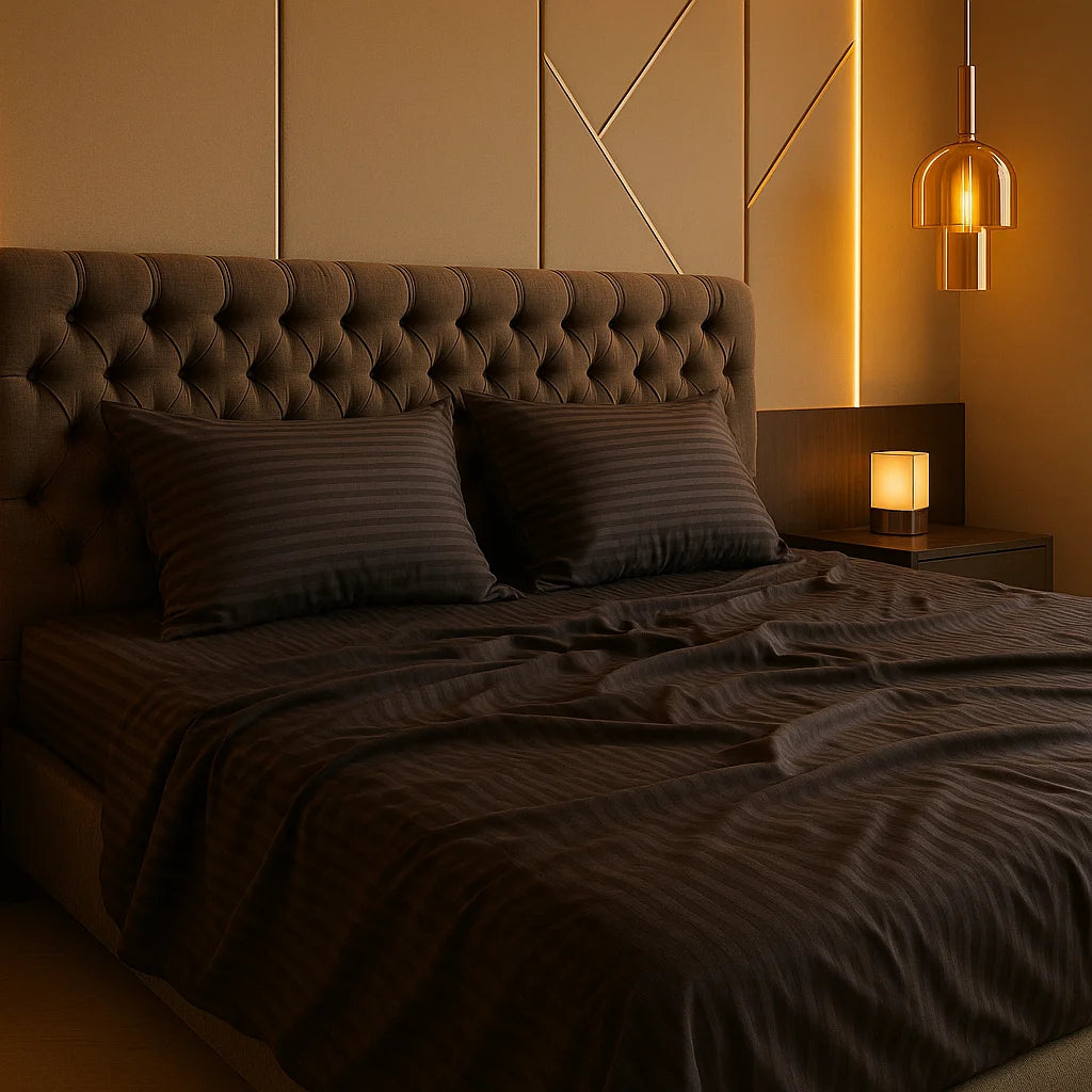Modern bedroom with a tufted headboard and a graphite-colored striped bedding set by Supreme Rest, softly lit by warm ambient lighting for a cozy, luxurious feel