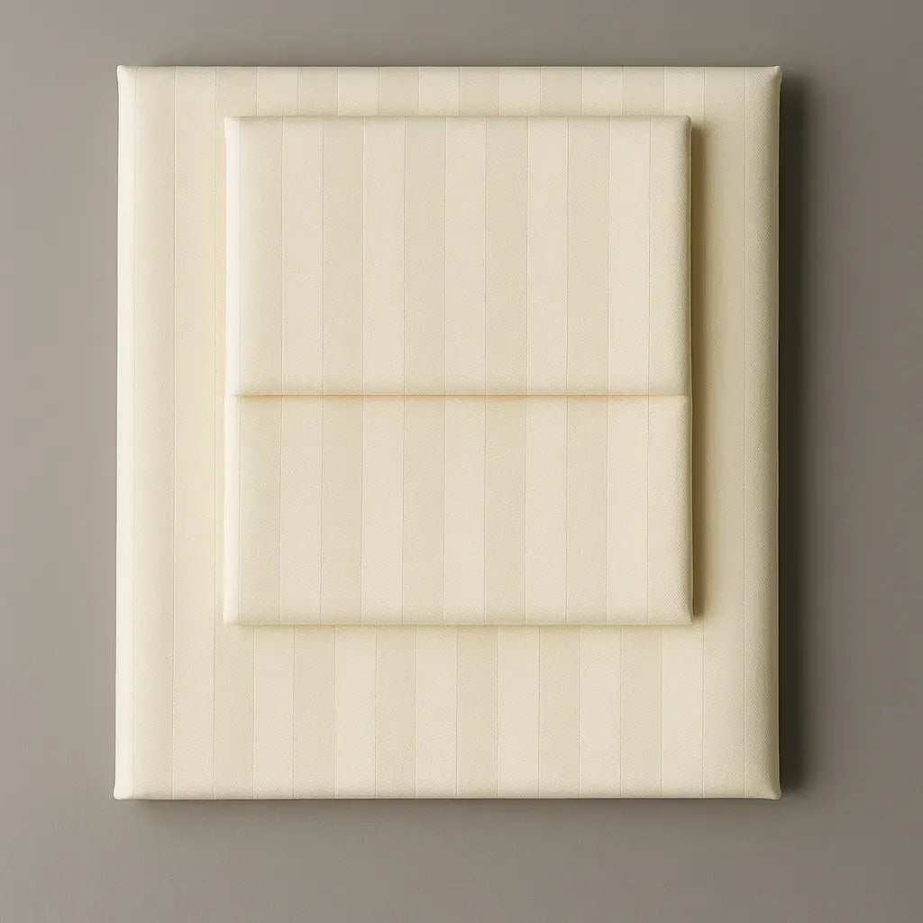 Supreme Rest Ivory Dune folded striped bedding set – eco-friendly custom pillowcases and sheets for timeless, hotel-inspired sleep luxury.