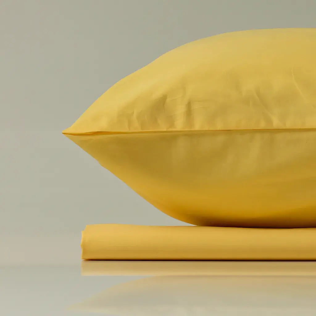 Supreme Rest Lemon Sunbeam yellow pillow and sheet set – eco-friendly custom bedding designed for bright, luxurious sleep comfort.