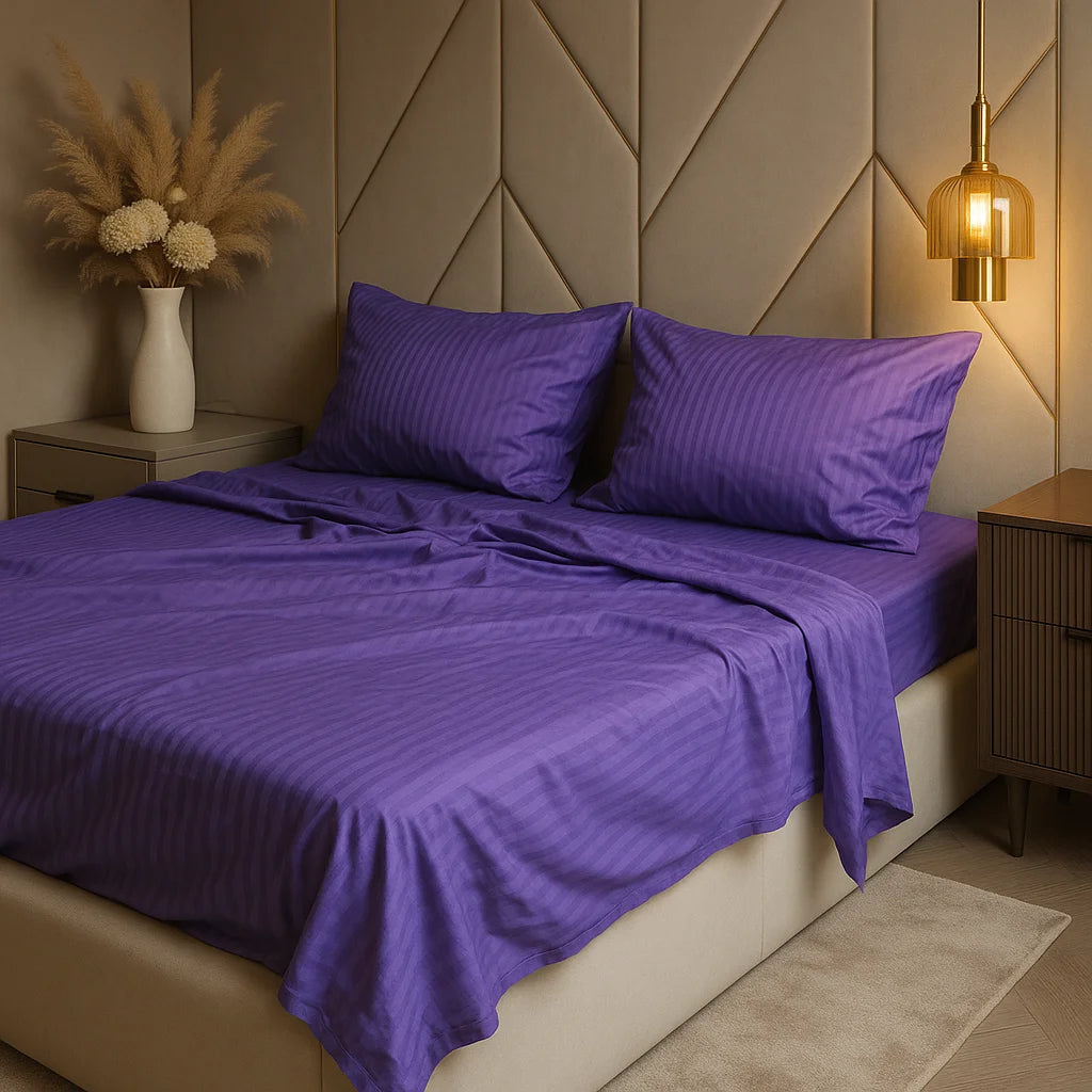 Luxurious deep purple striped bedding by Supreme Rest, styled on a modern tufted bed in a softly lit bedroom with minimalist decor and warm ambient lighting