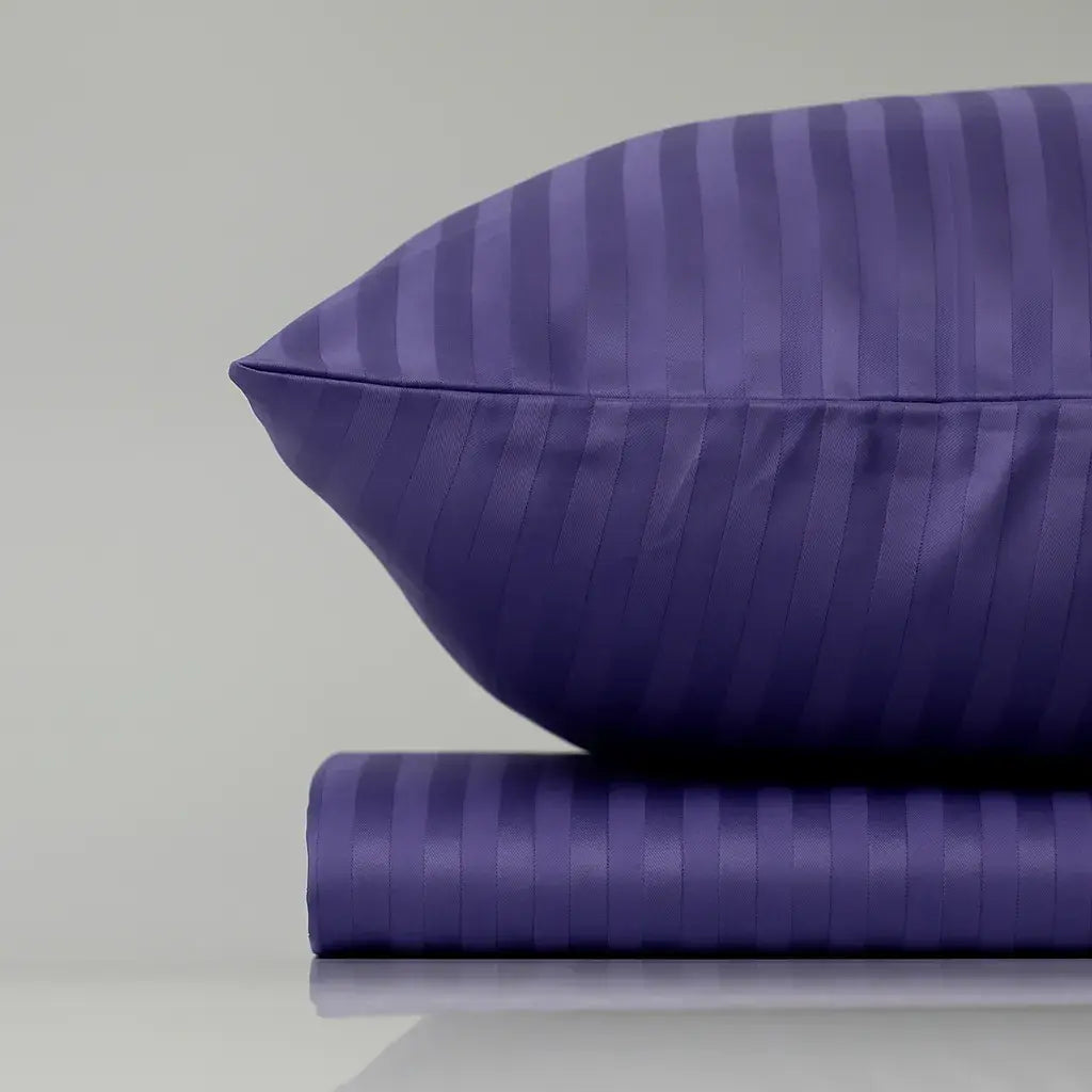 Supreme Rest Patagonian Lupine striped pillow and sheet – eco-friendly custom bedding designed for luxurious, restful sleep.