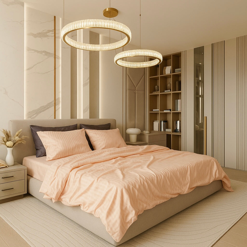 Soft peach-striped bedding by Supreme Rest styled in a luxurious beige-toned bedroom, complemented by brown accent pillows, with geometric wall panels, circular pendant lighting, and built-in shelving