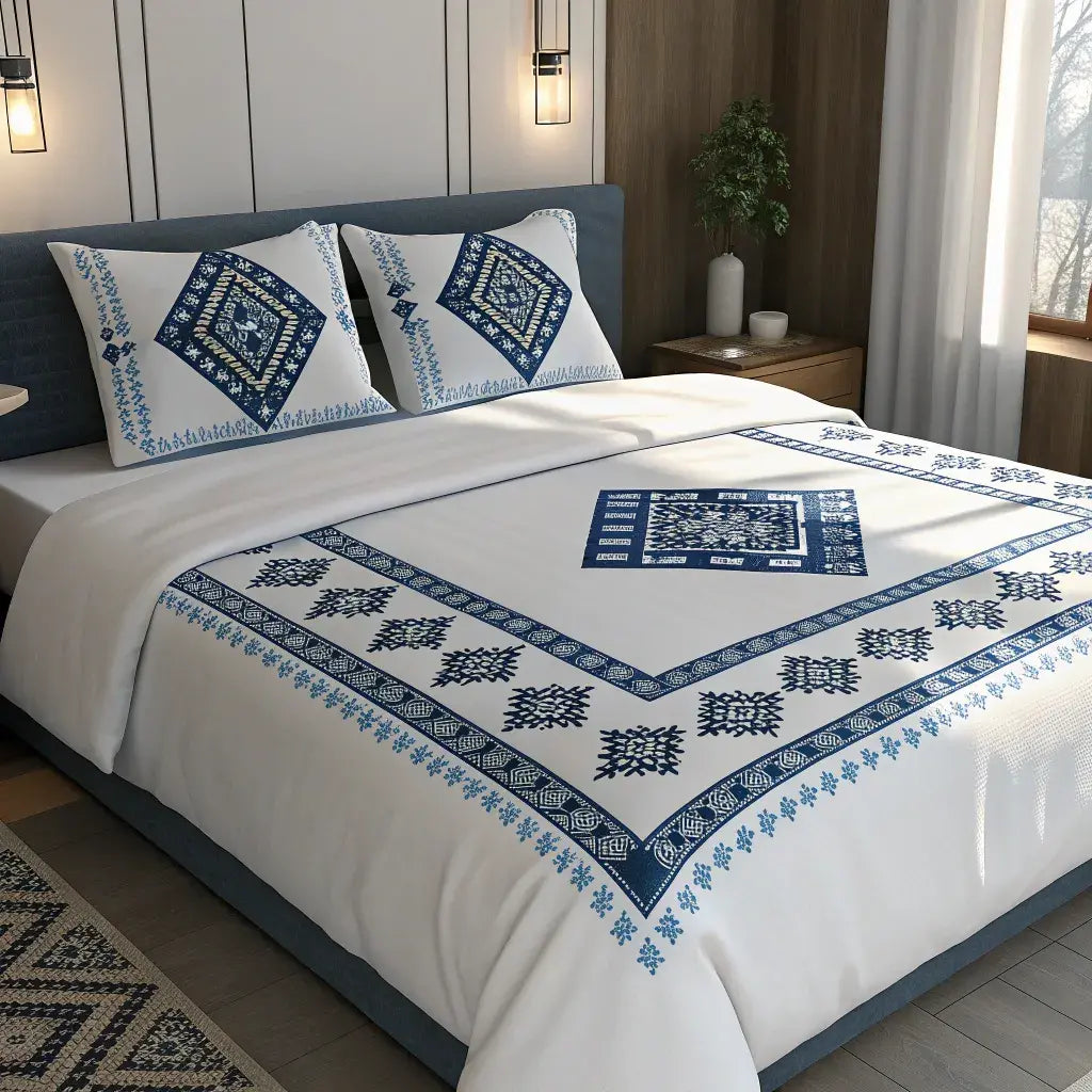Detailed view of the traditional Poltava and Chernihiv embroidery on premium Supreme Rest bedding textiles.