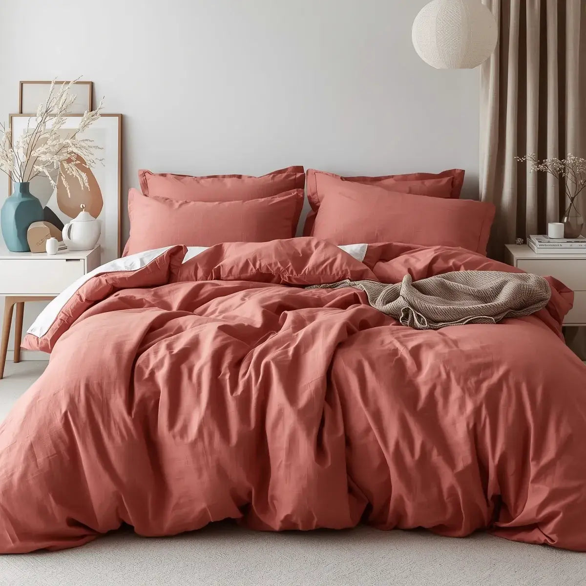 Supreme Rest stonewashed cotton bedding in a rich rosewood hue, styled in a modern bedroom setting -crafted for softness, comfort, and eco-friendly everyday indulgence
