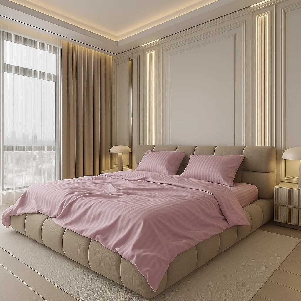 Soft mauve bedding with subtle stripes styled in a modern bedroom featuring a tufted beige bed frame, fluted wall panels, warm lighting accents, and floor-to-ceiling curtains beside a large window