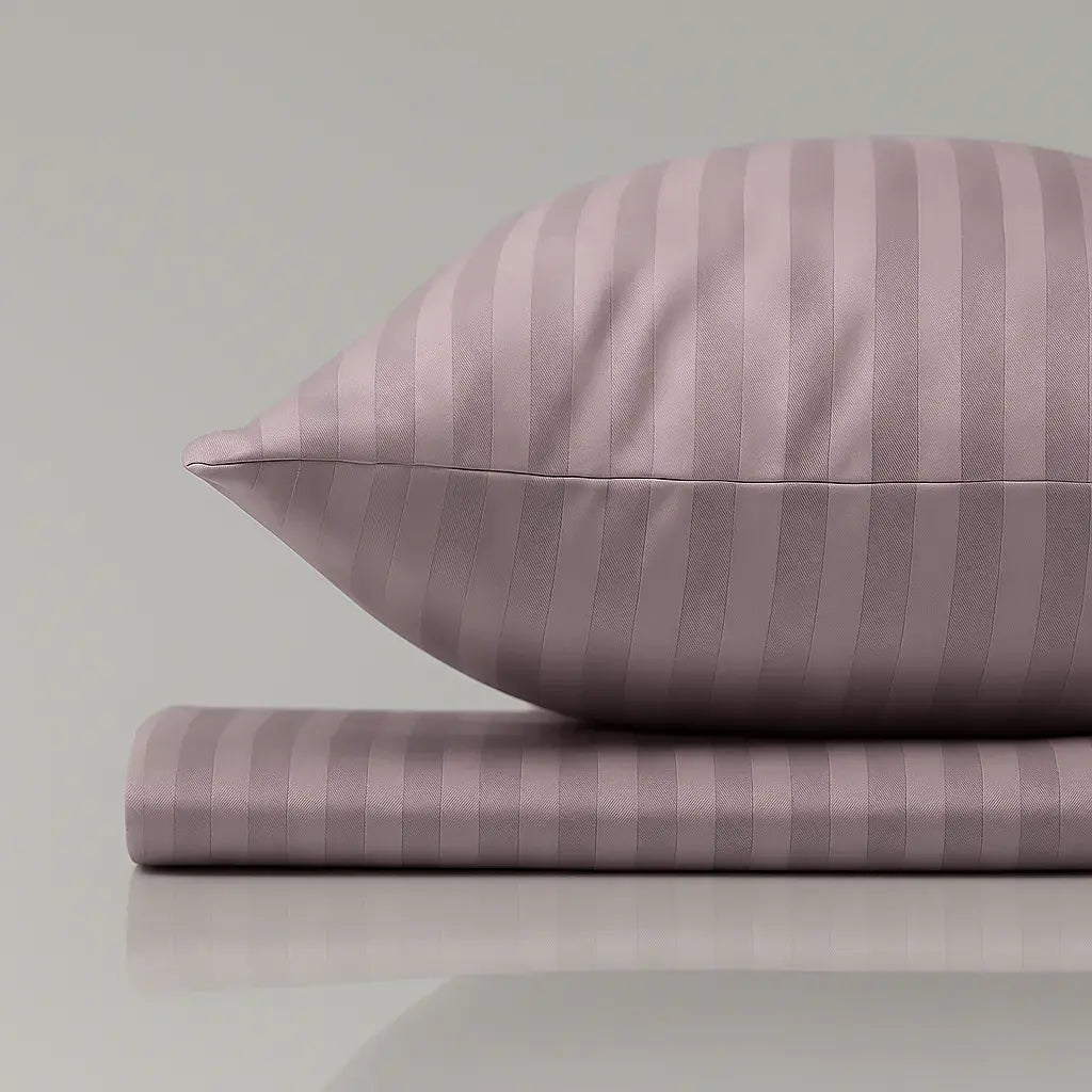 Supreme Rest Provence Bloom striped pillow and sheet – eco-friendly handcrafted bedding set for luxurious, calming sleep comfort.
